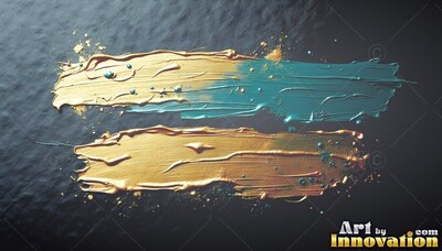Two thick strokes of gold and teal paint sweep across a dark slate surface