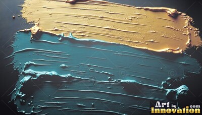 Brushed horizontally on dark slate, thick yellow and teal paint smears meet