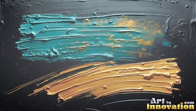 Thick smears of turquoise and gold paint brushed across a deep gray surface
