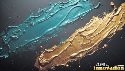 On a black background, thick teal and yellow-gold paint streaks diagonally across