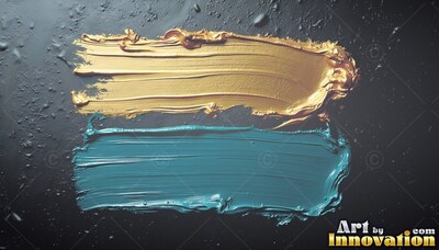 Stretching across black slate, two thick strokes of gold and teal paint lie flat