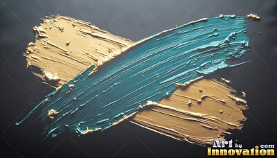 Thick gold and teal colored paint marks crossing over black