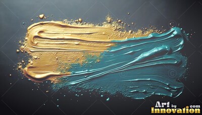Ridged texture covers a split gold and teal paint brushstroke on black