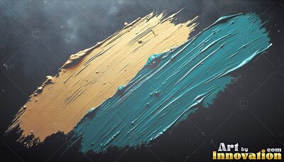 Dense gold and teal paint sweeps diagonally across black paper, catching bright overhead light