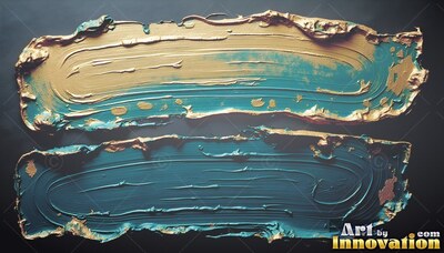 Spread flat across dark gray, two thick paint marks of gold and teal