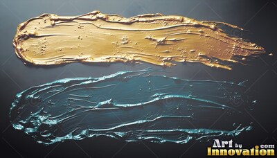 Thick streaks of metallic wet gold paint and teal paint smeared across a black surface