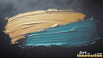 On a dark background, thick metallic gold paint and teal streaks of paint sweep side by side