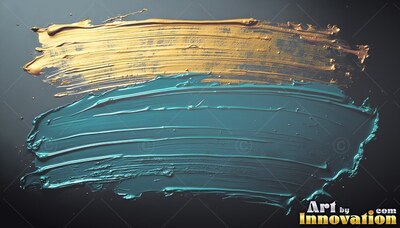 Sweeping across dark gray, dense gold and teal paint marks show ridged texture