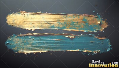 Two thick brushstrokes in teal paint mixed with yellow-gold paint on dark gray
