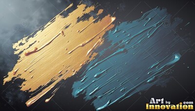 Dripping wet gold paint and teal paint brushstrokes swipe across a dark slate surface