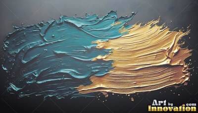 Thick teal and gold paint sweeps across a dark surface with ridges catching the light