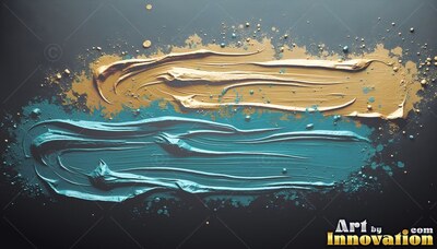 Sweeping horizontally across dark gray, teal and glossy gold paint smears