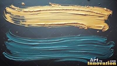 Two thick brushstrokes of gold paint and teal paint swipe across a dark surface