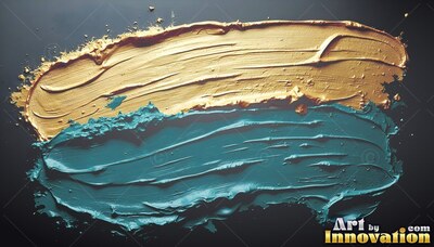 On a dark surface, thick streaks of teal and wet gold paint sweep horizontally
