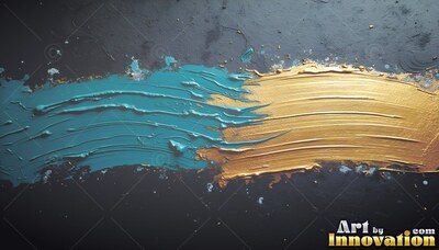 Sweeping across dark textured stone, a thick brushstroke blends teal and gold paint