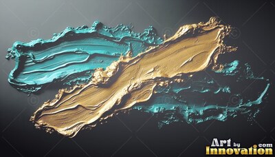 Deep gold paint and teal paint smeared across a dark surface