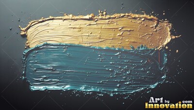 Splattered edges mark two thick strokes of gold and teal colored paint across a dark slate surface