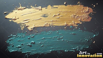 Thick yellow-gold paint and teal paint strokes sweep across dark paper, catching soft overhead light