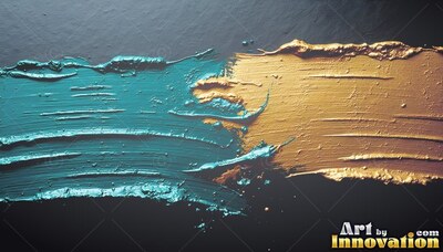 Stretched horizontally across dark slate, teal and metallic gold paint strokes meet
