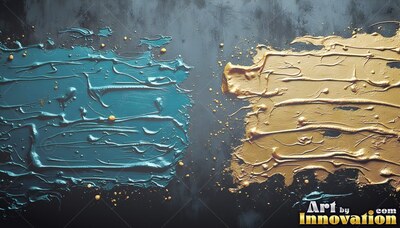 Thick teal paint and yellow-gold paint smeared along a dark gray surface