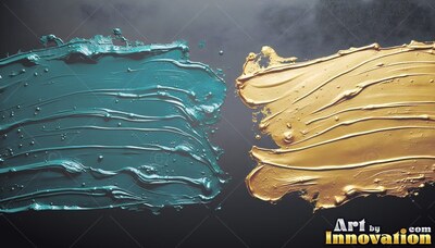 On a dark surface, thick teal paint and gold paint spread toward each other
