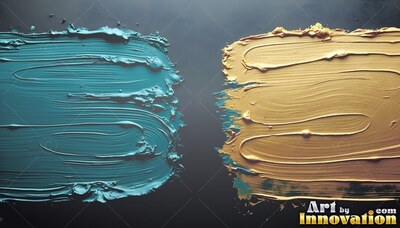 Spreading across a dark surface, thick teal and wet gold paint strokes face each other
