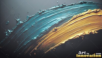 Curved blue and yellow-gold sweeps of paint on black background