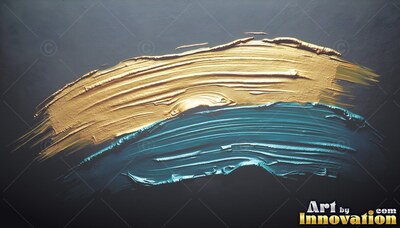 Grooved texture marks thick glossy gold paint swept above teal paint across a dark slate background