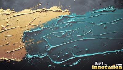 Thick teal and yellow-gold paint streaks across a dark surface with raised glossy ridges