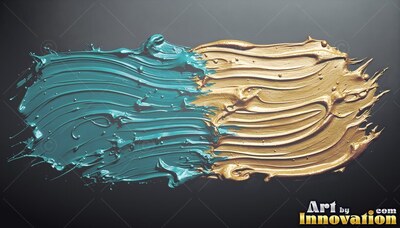 Stretched horizontally on dark gray, a thick smear of teal and yellow-gold paint