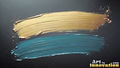 Thick gold and teal paint strokes sweep across a dark surface with tiny splatters