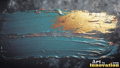 On a dark mottled surface, two teal and yellow-gold paint marks lie side by side