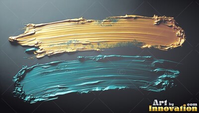 Sweeping across a dark background, thick teal and gold paint strokes show raised ridges