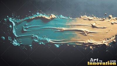 Thick turquoise and gold paint smeared across dark slate