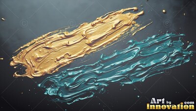 Thick ridges of glossy gold and teal paint sweep diagonally across a dark surface