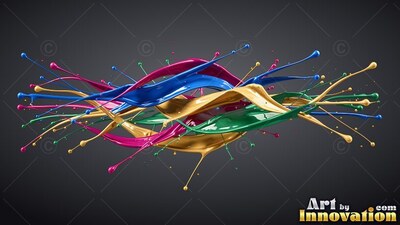 Colorful liquid swirls twist across the dark background with glossy highlights