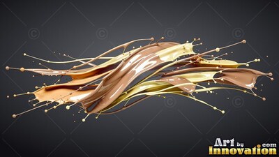 Twisting horizontally across a dark backdrop, splashes of brown and cream fluid