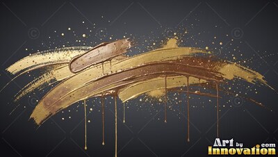 Thick gold paint sweeps horizontally with dripping drops against black