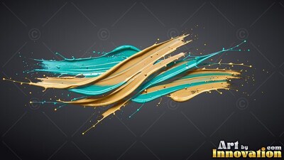 On a dark gray background, thick streaks of yellow-gold paint and teal paint splash together