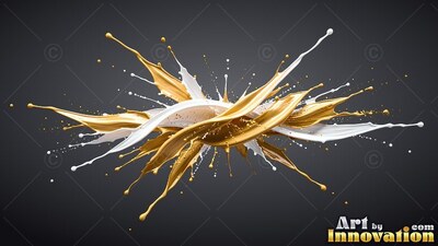 Twisting together, glossy gold and white paint splashes outward on a dark gray backdrop