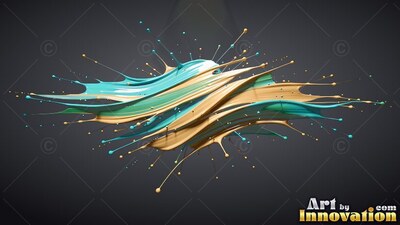 Splashing droplets of teal and beige paint twist together across a dark gray backdrop