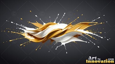 Thick white and gold liquid splashes together in a twist with shiny highlights