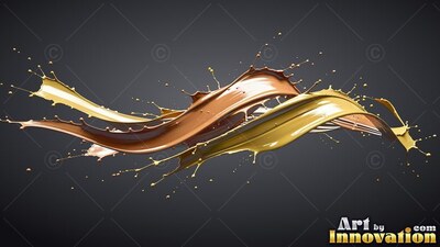 Twisting horizontally across a shadowed background, splashes of glossy tan and metallic gold paint