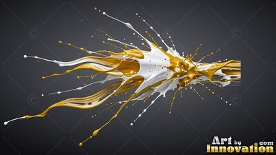 A splash of glossy gold and white paint bursts across a deep gray background