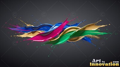 Against a charcoal background, ribbons of glossy paint splash together in midair