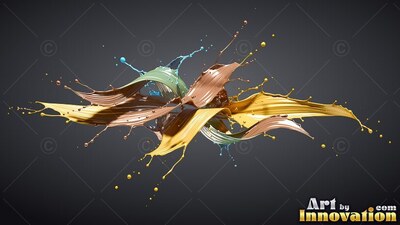 Swirling in midair, ribbons of yellow, brown, and green liquid splash across a gray space
