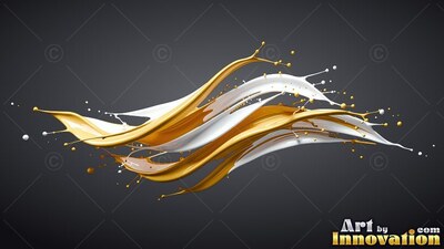 Swirling splash of glossy gold and white paint on a deep gray background