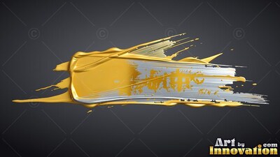 Thick yellow paint spreads with silver streaks over deep gray background