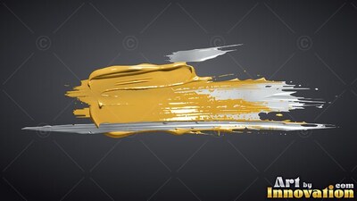Stretched horizontally against gray, thick yellow and silver sweeps of paint smear across
