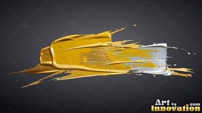 Thick yellow and silver paint smeared across a deep gray background